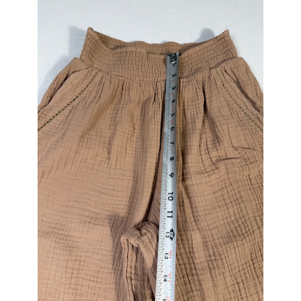 Aerie Wide Leg Gauze Pants Brown Smocked Waist Slit Pockets Small Petite - Picture 9 of 10